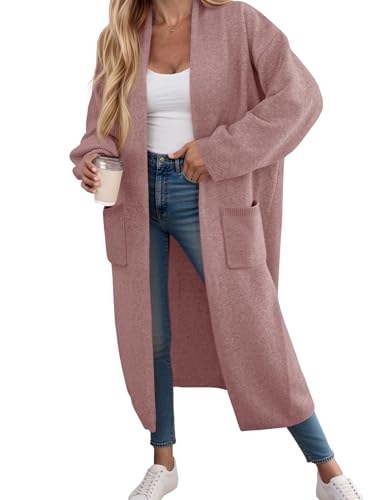 Fisoew Strickjacke Damen Lang Cardigan Langarm Oversized Strickmantel Open Front Sweater Jacke mit Taschen,Rosa,XXL von Fisoew