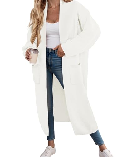 Fisoew Strickjacke Damen Lang Cardigan Langarm Oversized Strickmantel Open Front Sweater Jacke mit Taschen,Weiß,XXL Fisoew Strickjacke Damen Lang Cardigan Langarm Oversized Strickmantel Open Front Sweater Jacke mit Taschen,Weiß,XXL von Fisoew