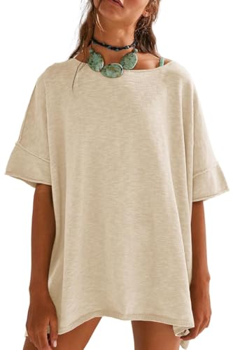 Fisoew T-Shirts für Damen Oversize mit Rundhalsausschnitt, Baumwolle, Seitenschlitz, Loose fit Casual Locker Tunika Sommer Kurzarm Tops Beige,M von Fisoew