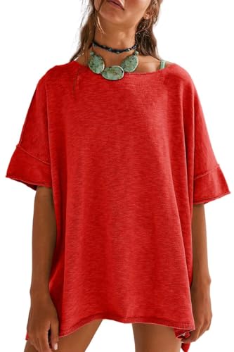Fisoew T-Shirts für Damen Oversize mit Rundhalsausschnitt, Baumwolle, Seitenschlitz, Loose fit Casual Locker Tunika Sommer Kurzarm Tops Rot,M von Fisoew