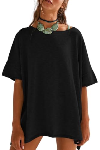 Fisoew T-Shirts für Damen Oversize mit Rundhalsausschnitt, Baumwolle, Seitenschlitz, Loose fit Casual Locker Tunika Sommer Kurzarm Tops Schwarz,S von Fisoew