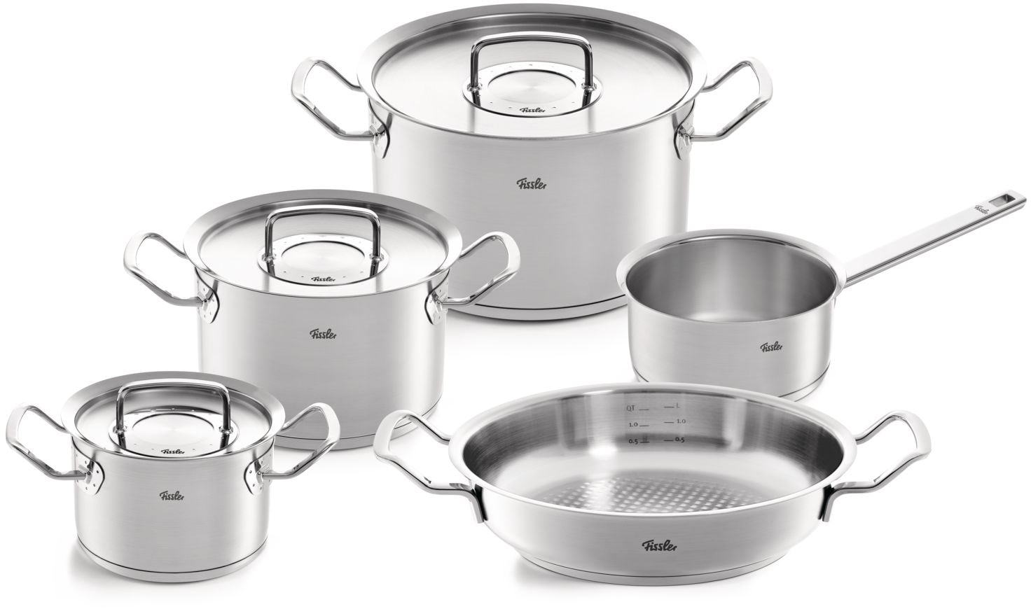 Fissler Topf-Set "ORIGINAL-PROFI COLLECTION Edelstahl-Topfset", Edelstahl 18/10, (8 tlg., je 1 Kochtopf 16/20/24 cm, Stielkasserolle 16 cm, Servierpfanne 24 cm), mit breitem Schüttrand, Kaltmetallgriffen. Made in Germany, Induktion von Fissler