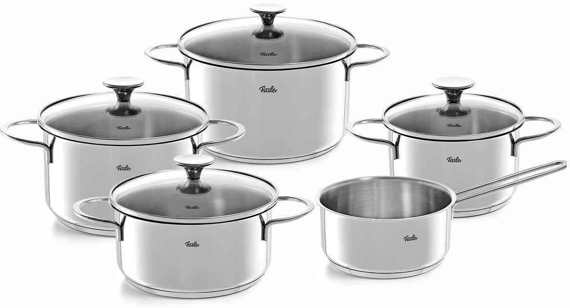 Fissler Topf-Set "Copenhagen", Edelstahl 18/10, (Set, 9 tlg., Bratentopf 20 cm, je 1 Kochtopf 16/20/24 cm, Stielkasserolle 16 cm), Töpfe mit Glasdeckel, Mess-Skala, Induktion, backofengeeignet von Fissler