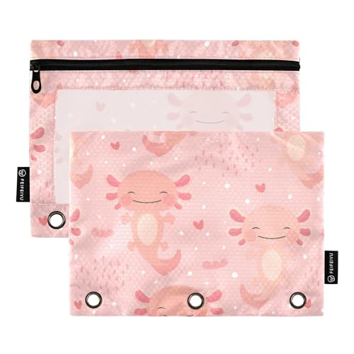 Fisyme Axolotl Kawaii-Federmäppchen für 3-Ringbuch, Federmäppchen, Federmäppchen, Reißverschluss, mit transparentem Fenster, für Büro, 2 Stück von Fisyme