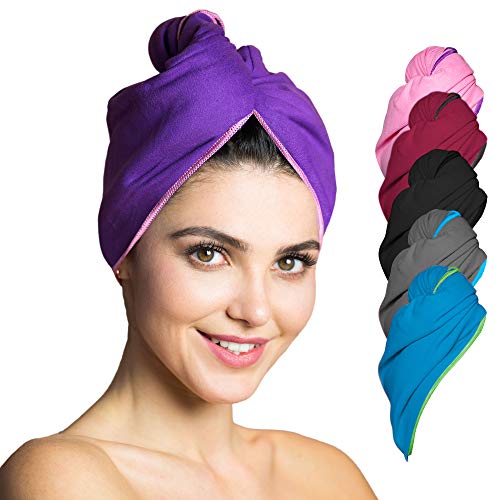 Fit-Flip Haarturban Mikrofaser - 1 Stück Haarhandtuch mit Knopf - schnelltrocknend und saugstark - Microfaser Kopf Turban - Haar Handtuch (lila-rosa) von Fit-Flip