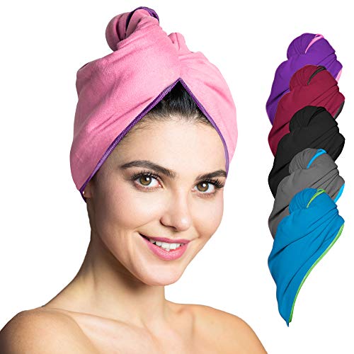 Fit-Flip Haarturban Mikrofaser - 1 Stück Haarhandtuch mit Knopf - schnelltrocknend und saugstark - Microfaser Kopf Turban - Haar Handtuch (rosa-lila) von Fit-Flip