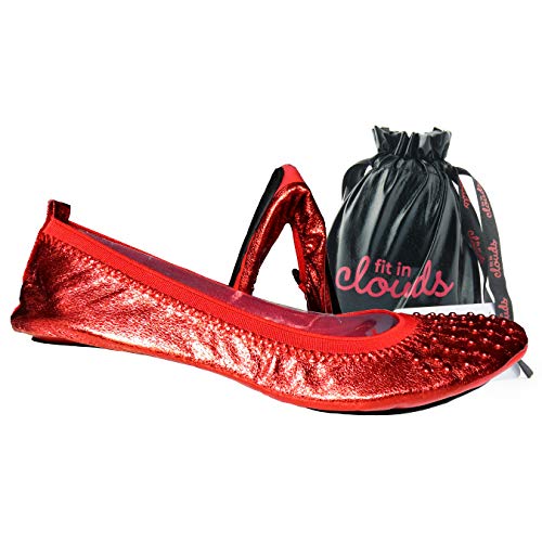 Fit in Clouds Tragbare faltbare Ballerinas mit Druckknopfverzierung, mit Tragetasche, Rot/Ausflug, einfarbig (Getaway Solids), 38 EU von Fit in Clouds