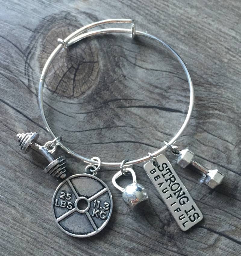 strong Is Beautiful Armreif, Bodycycling Armband, Gewichtheben Fitness Hantel Kettlebell Schmuck von FitChickJewelry