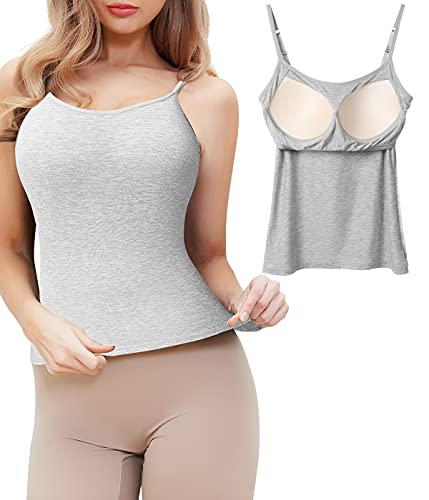 FitValen Spaghettiträger Unterhemd Damen Spaghetti Tops mit Integriertem BH Ohne Bügel Shaping Hemd Basic Verstellbare Trägertop Formende Unterhemden Bügelloser BH Tank Top Grau 2XL von FitValen