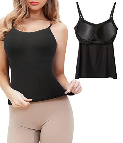 FitValen Spaghettiträger Unterhemd Damen Spaghetti Tops mit Integriertem BH Ohne Bügel Shaping Hemd Basic Verstellbare Trägertop Formende Unterhemden Bügelloser BH Tank Top Schwarz L von FitValen