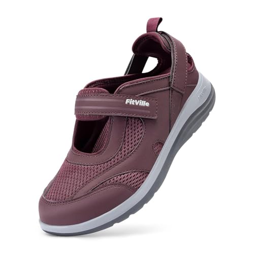 FitVille Breit Damen Walking Mary Jane Schuhe weich Freizeit Halbschuhe mit Klettverschuß für dicke Füße Weinrot 42.5 EU Weit von FitVille