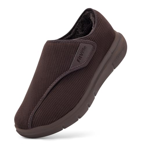 FitVille Breit Herren Hausschuhe Warm mit Klettverschluss Rutschfest Gefüttert EasyTop Slipper V1 gr, 43 EU Weit Braun von FitVille