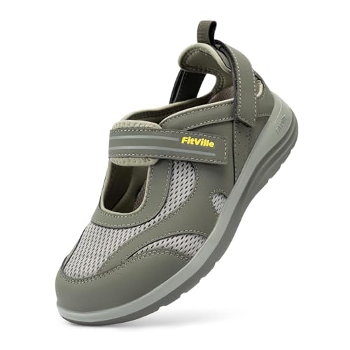 FitVille Breit Zehentrenner Sandalen Damen mit Klettverschluss Senioren Gesundheits Halbschuhe für geschwollene Füße Grau gr.38.5 EU Weit von FitVille