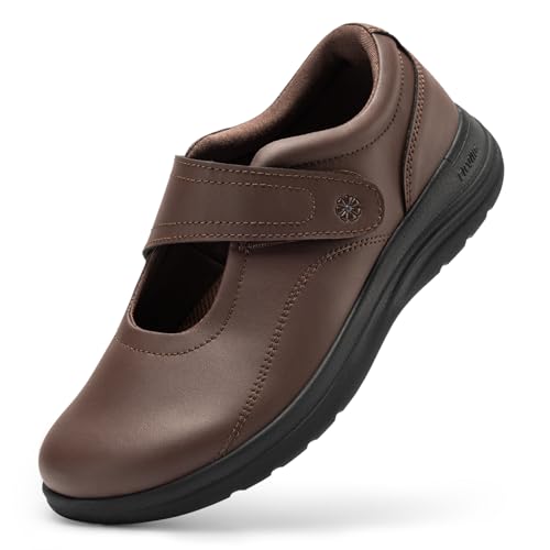 FitVille Breite Leder Walkingschuhe Freizeit Schuhe Damen mit Klettverschluss für breite Füße Braun 38.5 EU Weit von FitVille