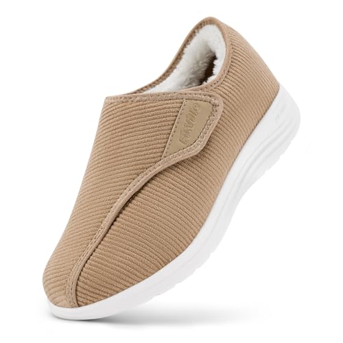 FitVille Damen Hausschuhe Pantoffeln Warm Weit Gefüttert Slip On Slipper Winter für dicke Füsse 42.5 EU Weit Mokka von FitVille