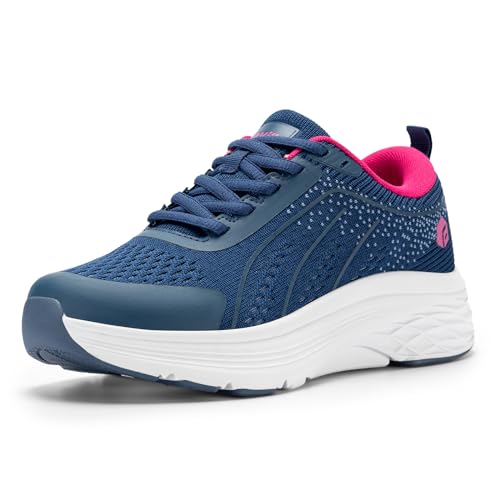 FitVille Damen Sneaker Walking Schuhe Breit Laufschuhe Weite Sportschuhe Atmungsaktiv Turnschuhe rutschfeste Leichtgewichts Straßenlaufschuhe Outdoor Fitness Jogging Azurblau/Neon Pink 41 EU Weit von FitVille