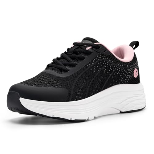 FitVille Damen Sneaker Walking Schuhe Breit Laufschuhe Weite Sportschuhe Atmungsaktiv Turnschuhe rutschfeste Leichtgewichts Straßenlaufschuhe Outdoor Fitness Jogging Schwarz/Kaugummi-Rosa 40 EU Weit von FitVille