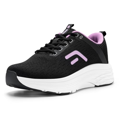 FitVille Damen Sneaker Walking Schuhe Breit Laufschuhe Weite Sportschuhe Atmungsaktiv Turnschuhe rutschfeste Leichtgewichts Straßenlaufschuhe Outdoor Fitness Jogging Schwarz/Lavendel 38 EU Weit von FitVille