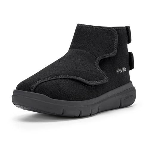 FitVille Winterstiefel Extra Breit Damen mit Klettverschluss Winterschuhe Warme Winterboots Hausschuhe Gefütterte Seniorenschuhe Pflegeschuhe Gesundheitschuhe lammfell Stiefel Schwarz EU 38.5 X-Weit von FitVille