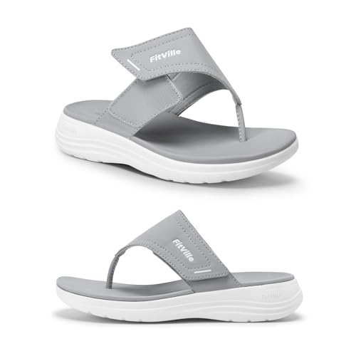 FitVille Damen Zehentrenner Leder Weit mit Klettverschluss Flip Flops fuer breite Füße Grau 36 EU Weit von FitVille