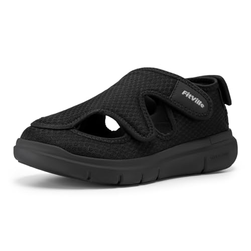 FitVille Extra Weite Sandalen Damen Diabetiker Schuhe Sommer Walking Schuhe Senioren Orthopädische Hausschuhe mit Klettverschluss für Geschwollen Füße,Schwarz,38 EU,Weit von FitVille