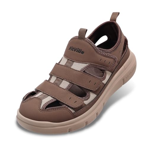 FitVille Diabetiker Sandalen Herren Extra Weit Orthopädische Schuhe mit Klettverschluss Verstellbare Gesundheitsschuhe Bequemer Rehaschuhe für Senioren Schuhe für Geschwollene Füße,Braun,41 EU,Weit von FitVille