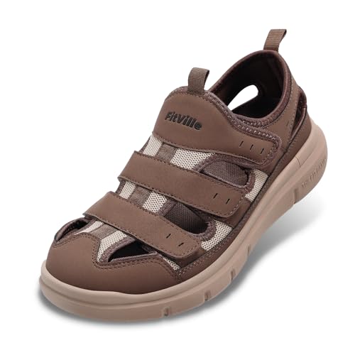 FitVille Diabetiker Sandalen Herren Extra Weit Orthopädische Schuhe mit Klettverschluss Verstellbare Gesundheitsschuhe Bequemer Rehaschuhe für Senioren Schuhe für Geschwollene Füße,Braun,43 EU,Weit von FitVille