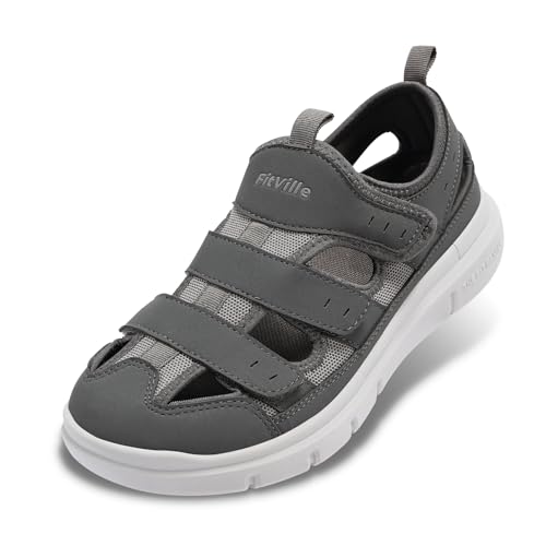 FitVille Diabetiker Sandalen Herren Extra Weit Orthopädische Schuhe mit Klettverschluss Verstellbare Gesundheitsschuhe Bequemer Rehaschuhe für Senioren Schuhe für Geschwollene Füße,Grau,46 EU,Weit von FitVille