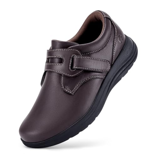 FitVille Diabetiker Schuhe Damen Extra Weit Leder Mokassins Slippers Orthopädische Schuhe mit Klettverschluss Verstellbare Loafers Bequemer Elegant für Geschwollene Füße Braun 40 EU Weit von FitVille