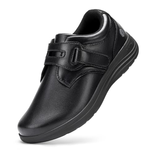 FitVille Diabetiker Schuhe Damen Extra Weit Leder Mokassins Slippers Orthopädische Schuhe mit Klettverschluss Verstellbare Loafers Bequemer Elegant für Geschwollene Füße Schwarz 35.5 EU X-Weit von FitVille