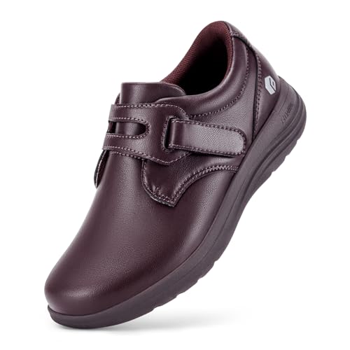 FitVille Diabetiker Schuhe Damen Extra Weit Leder Mokassins Slippers Orthopädische Schuhe mit Klettverschluss Verstellbare Loafers Bequemer Elegant für Geschwollene Füße Weinrot 38 EU X-Weit von FitVille