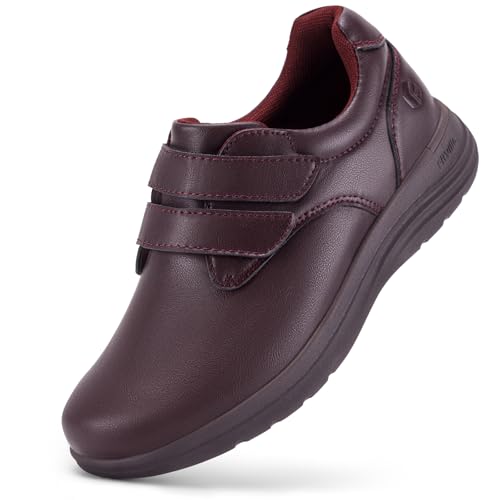 FitVille Diabetiker Schuhe Damen Extra Weit Leder Schuhe Hausschuhen Orthopädische Schuhe mit Klettverschluss Verstellbare Bequemer Elegant Walkingschuhe für Geschwollene Füße Weinrot 40 EU X-Weit von FitVille