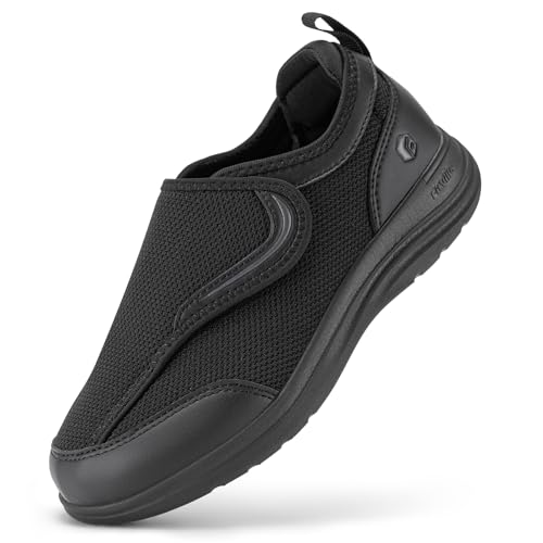 FitVille Extra Weit Senioren Hausschuhe Damen Gesundheitsschuhe mit Klettverschluss Bequeme Sneaker Verbandsschuhe mit Fußgewölbestütze Schwarz 42.5 EU X-Weit von FitVille