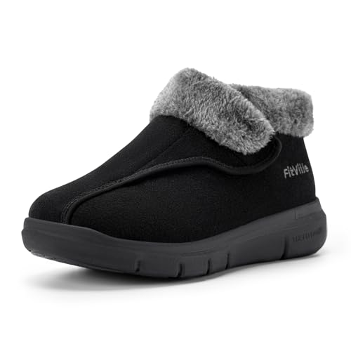 FitVille Diabetiker Schuhe Damen Winterstiefel Extra Weit mit Klettverschluss Bequem Warm Schneestiefel für Geschwollene Füße Schwarz 35.5 EU Weit von FitVille