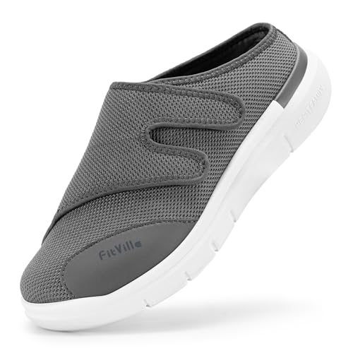 FitVille Schuhe Herren Extra Breit Outdoor Hausschuhe Slipper Offen Schuhe mit Klettverschluss für Herren Reha Pflege Grau gr. 47 EU Weit von FitVille