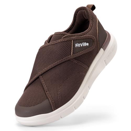 FitVille Diabetiker Schuhe Herren Extra Weit Gesundheitsschuhe mit Klettverschluss Senioren Orthopädische Schuhe Hausschuhe Walking Schuhe für Geschwollene Füße,Braun,41 EU,X-Weit von FitVille