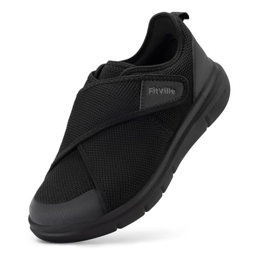 FitVille Diabetiker Schuhe Herren Extra Weit Gesundheitsschuhe mit Klettverschluss Senioren Orthopädische Schuhe Hausschuhe Walking Schuhe für Geschwollene Füße,Schwarz,44 EU,X-Weit von FitVille
