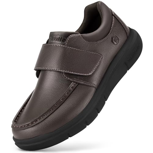 FitVille Diabetiker Schuhe Herren Extra Weit Leder Schuhe Orthopädische Schuhe mit Klettverschluss Verstellbare Hausschuhe Bequemer Lässige Business für Geschwollene Füße Braun 44.5 EU X-Weit von FitVille