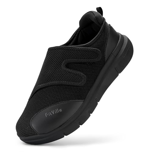 FitVille Extra Weite Reha-Schuhe Herren mit Klettverschluss Einstellbar Walking Schuhe für empfindliche Füße Senioren Pflege Hausschuhe Verbandschuhe Gesundheitsschuhe Schwarz Klet 47 EU Weit von FitVille