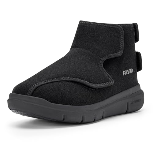 FitVille Extra Weit Winterschuhe Herren Winterstiefel mit Klettverschluss Warme Herrenstiefel Senioren Hausschuhe Bequeme Pflegeschuhe EasyTop Winter Boots V2 Schwarz EU 46 Weit von FitVille