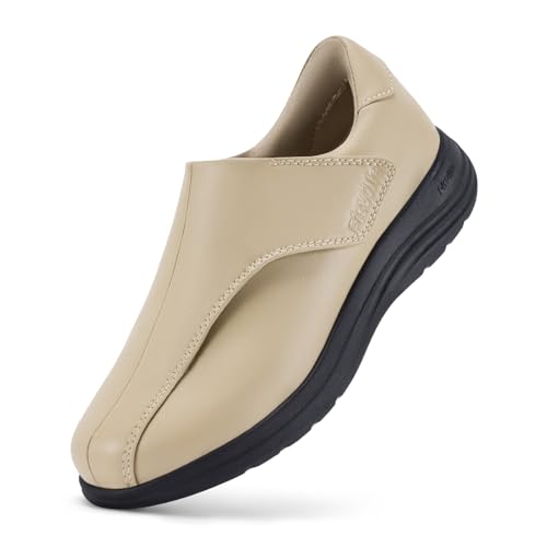 FitVille Extra Breit Walking Damenschuh mit Klettverschluss Leder Weite h 38 EU X-Weit Beige von FitVille