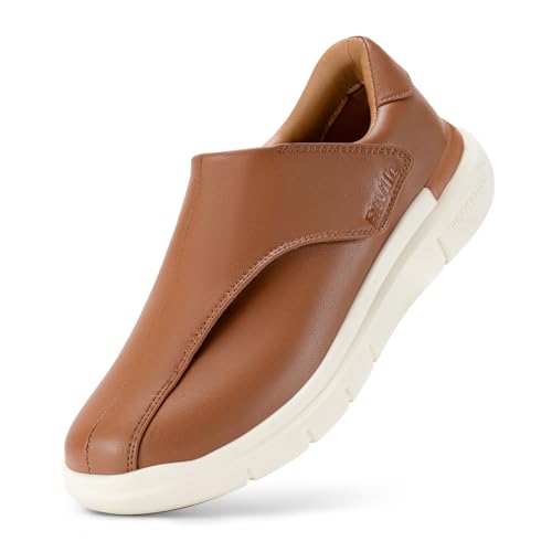 FitVille Extra Breite Reha Schuhe mit Klettverschluss Gesundheitschuhe Herren Seniorenschuhe Bequeme Pflegeschuhe Hausschuhe Casual Lederschuhe Schuhe für Walking Business Orange Braun EU 42.5 Weit von FitVille