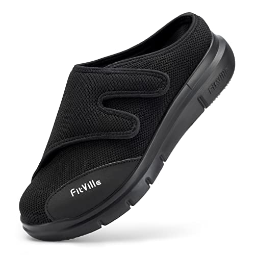 FitVille Extra Weit Schuhe Herren überbreite Reha-Slipper mit Klettverschluss Schwarz 43 EU X-Weit von FitVille
