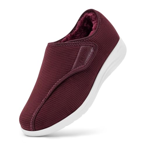 FitVille Extra Weit Slippers Winter Damen Plüsch Gefüttert EasyTop Comfort Slipper V1 größe 42.5 EU X-Weit Burgunderrot von FitVille