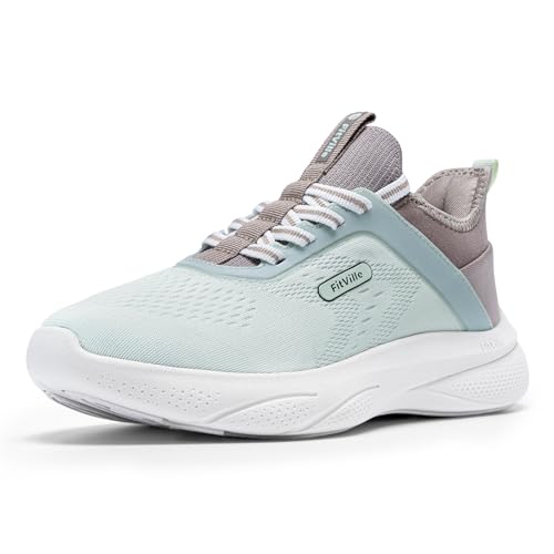 FitVille Extra Weit Walkingschuhe Damen Slip On Sneaker Atmungsaktiv Barfußschuhe Leichte Turnschuhe Sportschuhe mit Fußgewölbestütze Mintgrün/Grau 37 EU Weit von FitVille