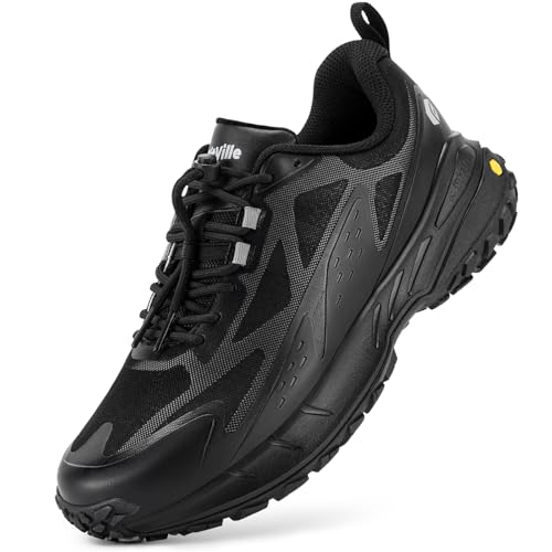 FitVille Extra Weit Wanderschuhe Herren Slip On Trekkingschuhe Fußschutz Outdoor Schuhe Atmungsaktiv Traillaufschuhe mit Flexible Schnellverschluss Schwarz 41 EU X-Weit von FitVille