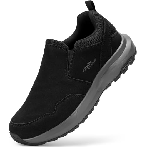 FitVille Extra Weit Wanderschuhe Herren Slip On Trekkingschuhe Wasserdicht Leichte Outdoor Schuhe rutschfeste Walkingschuhe Atmungsaktiv Sportschuhe für Camping Wandern,Schwarz,44 EU,X-Weit von FitVille