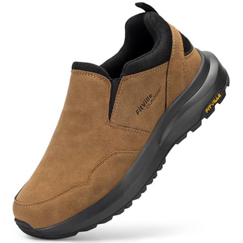 FitVille Extra Weit Wanderschuhe Herren Slip On Walkingschuhe Breite Füße Trekkingschuhe Rutschfeste Outdoor Schuhe Slipper Bequeme Freizeitschuhe Sneaker mit Fußgewölbestütze,Dünenbraun,46.5EU,X-Weit von FitVille