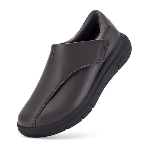 FitVille Extra Breite Gesundheitschuhe mit Klettverschluss Seniorenschuhe Herren Pflegeschuhe Bequeme Hausschuhe Casual Lederschuhe Schuhe für Reha Walking Business Kaffee Braun EU 46.5 X-Weit von FitVille