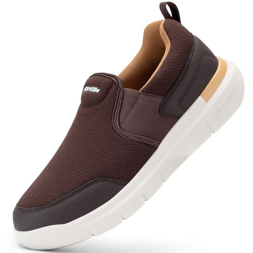 FitVille Slip On Sneaker Herren Extra Weite Turnschuhe rutschfest Walkingschuhe Breit Outdoor Schuhe Bequem Leichte Atmungsaktive Freizeitschuhe für Plantarfasziitis Kaffee 43 EU Weit von FitVille